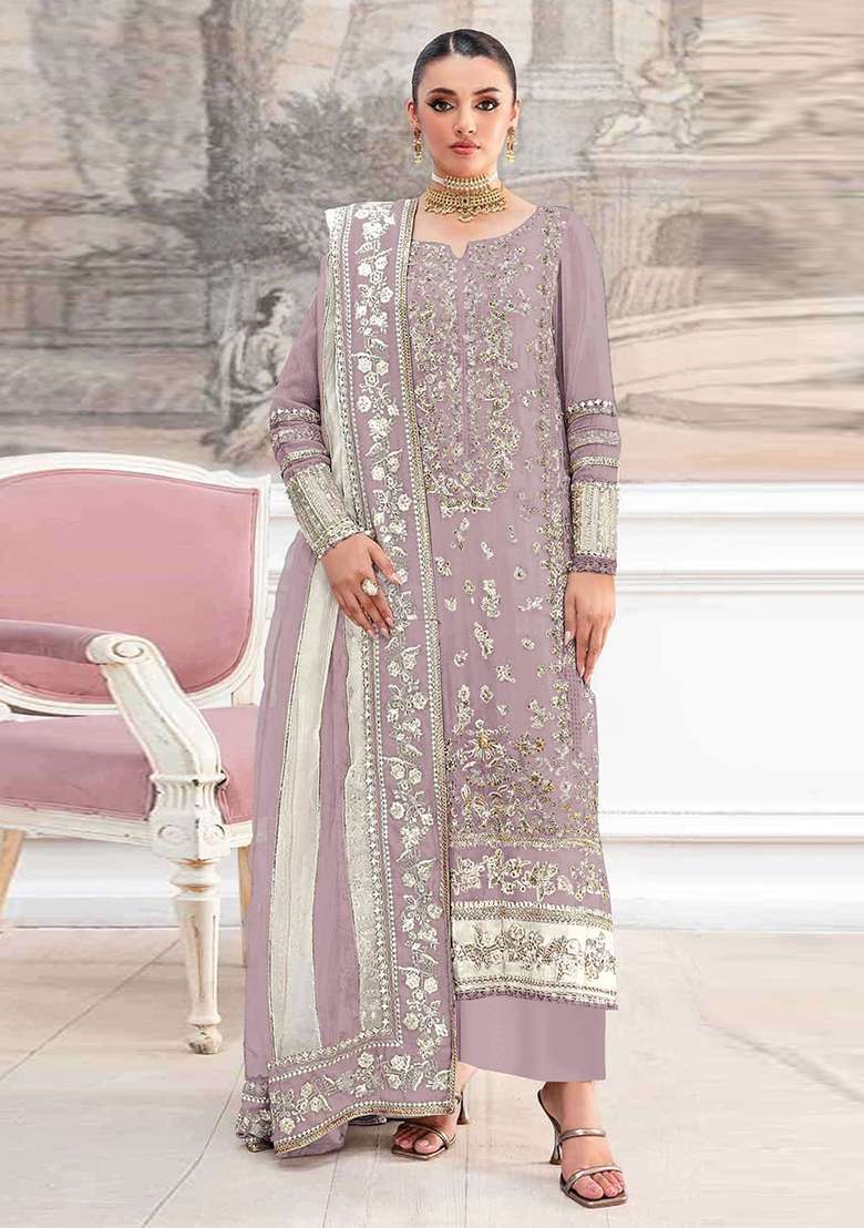 Lavender Embroidery Silk Blend Salwar Suit Set - Indya