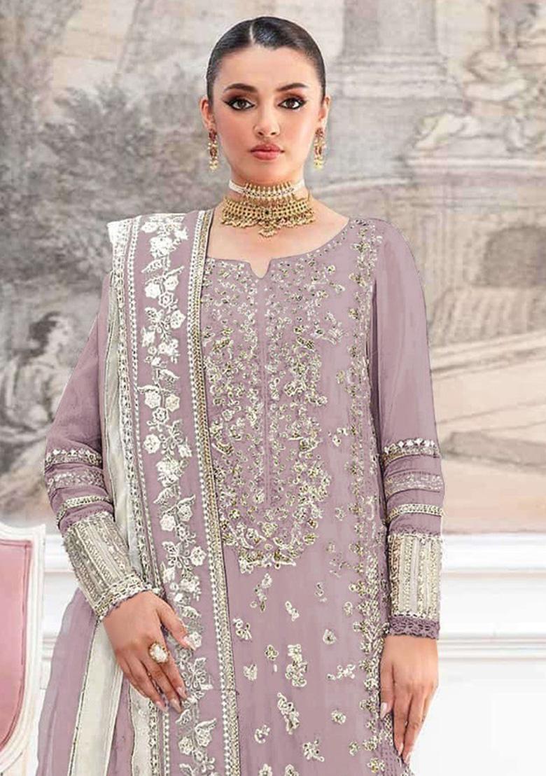 Lavender Embroidery Silk Salwar Suit Set - Indya