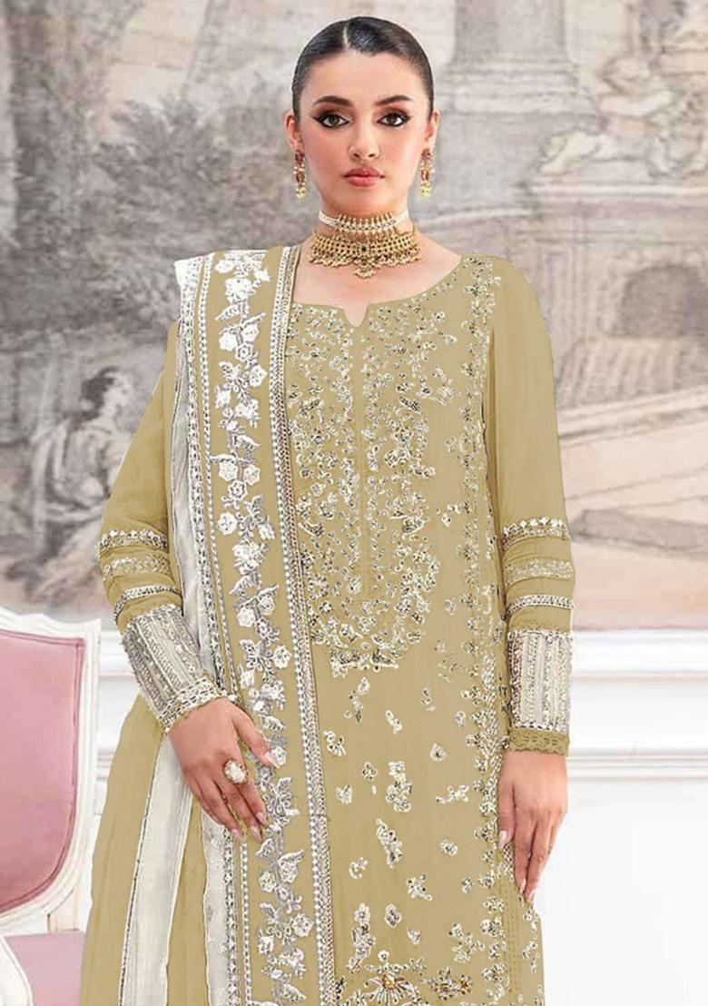Mustard Embroidery Silk Salwar Suit Set - Indya
