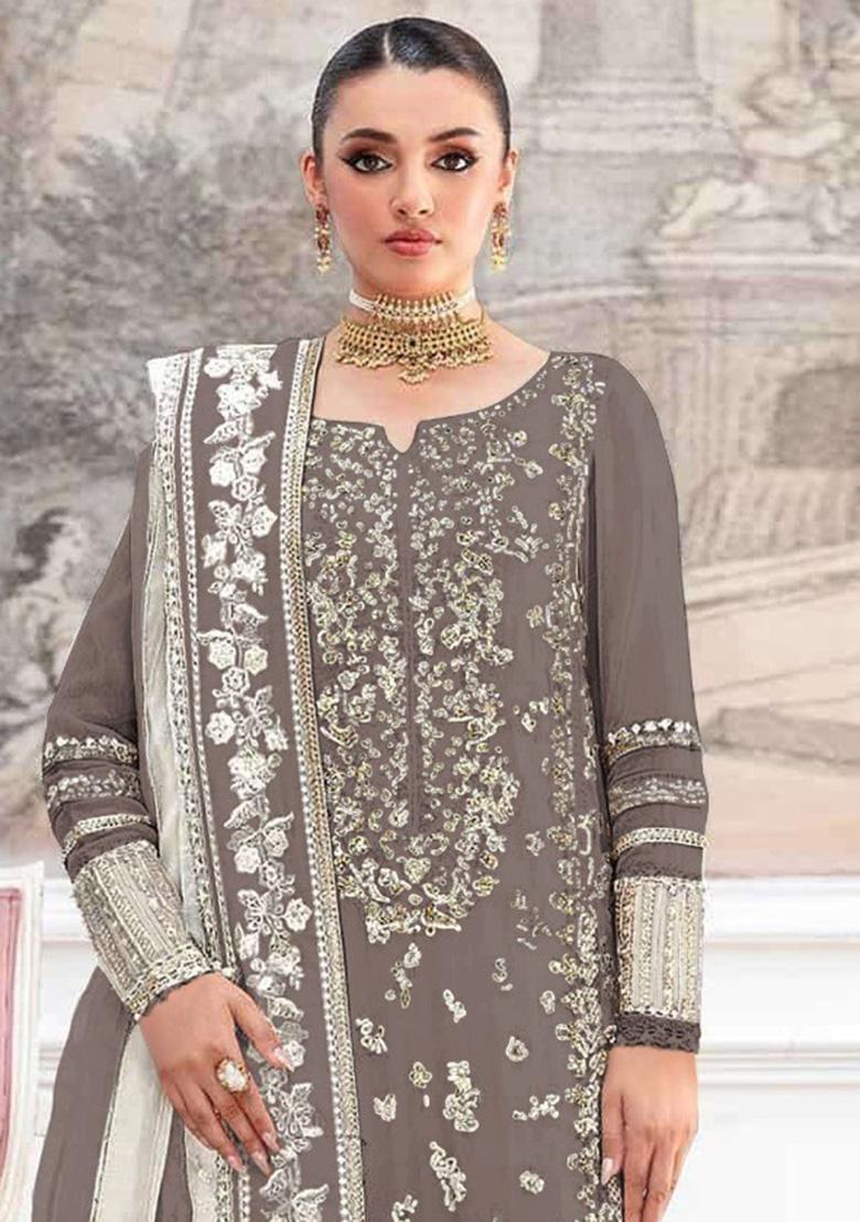 Bronze Embroidery Silk Salwar Suit Set - Indya