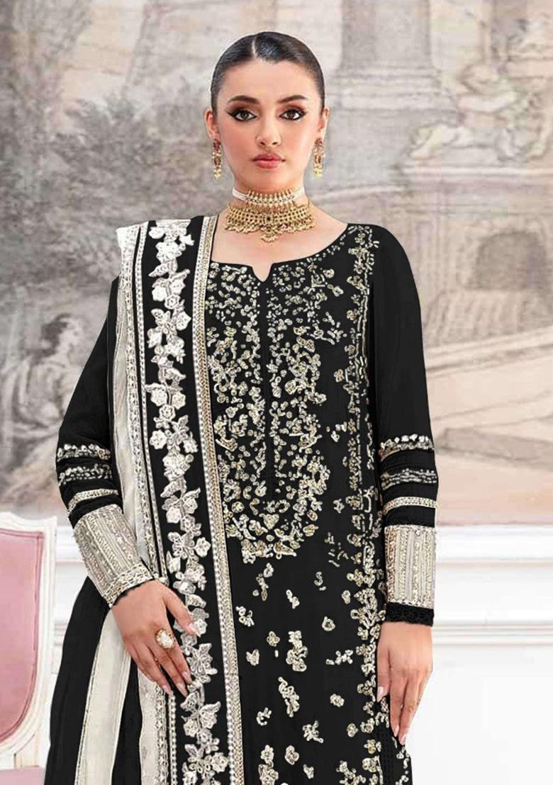 Black Embroidery Silk Salwar Suit Set - Indya