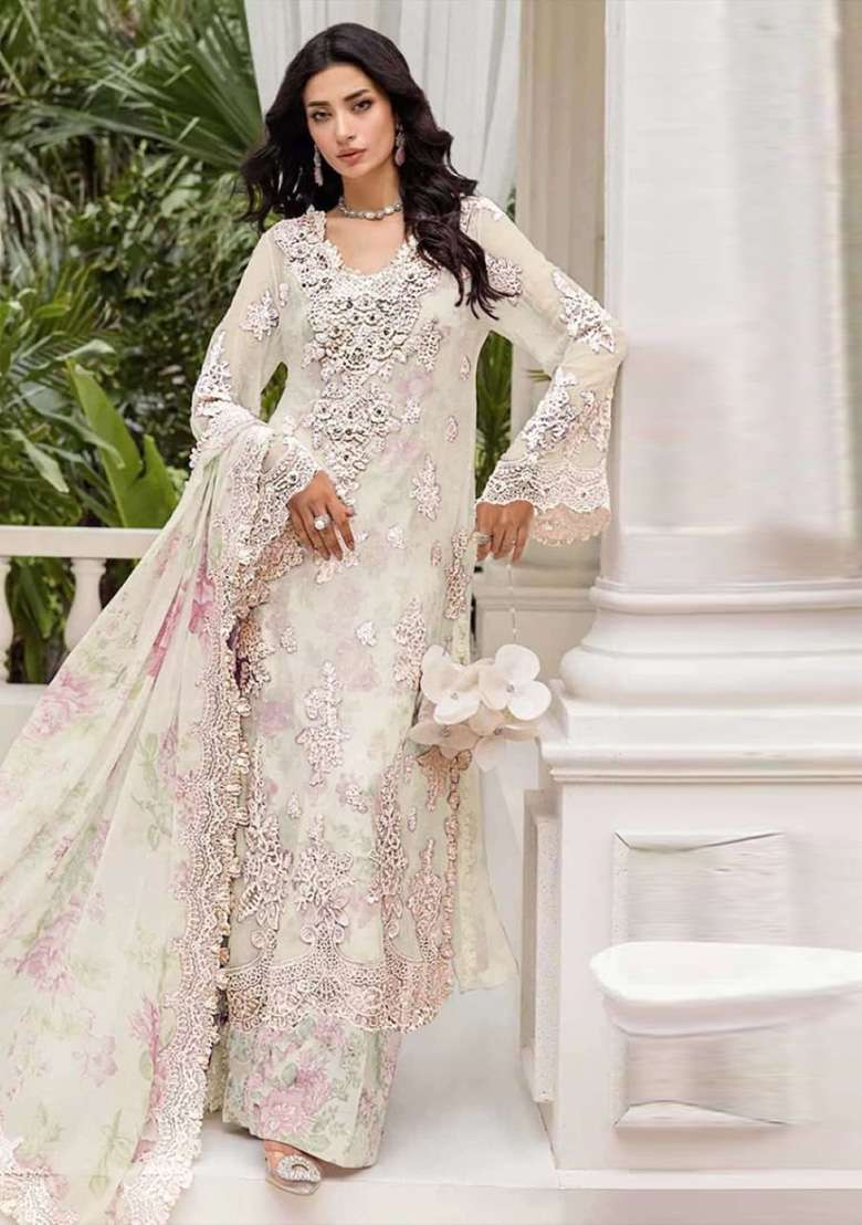 Off White Embroidery Chiffon Salwar Suit Set - Indya