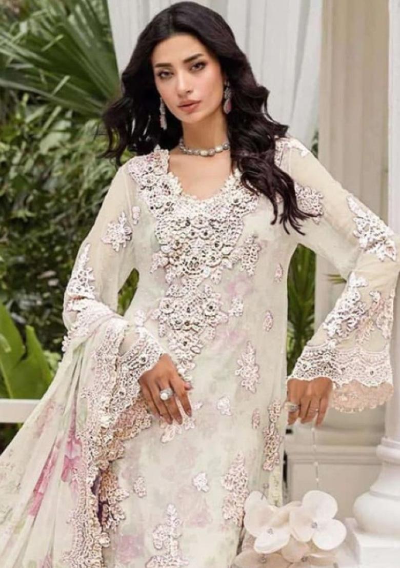 Off White Embroidery Chiffon Salwar Suit Set - Indya