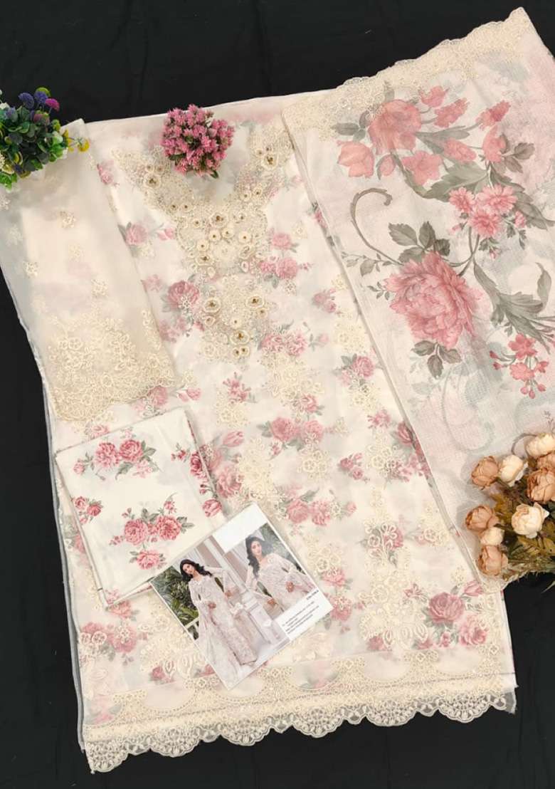 Off White Embroidery Chiffon Salwar Suit Set - Indya