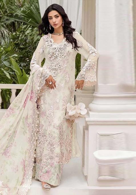 Off White Embroidery Chiffon Salwar Suit Set
