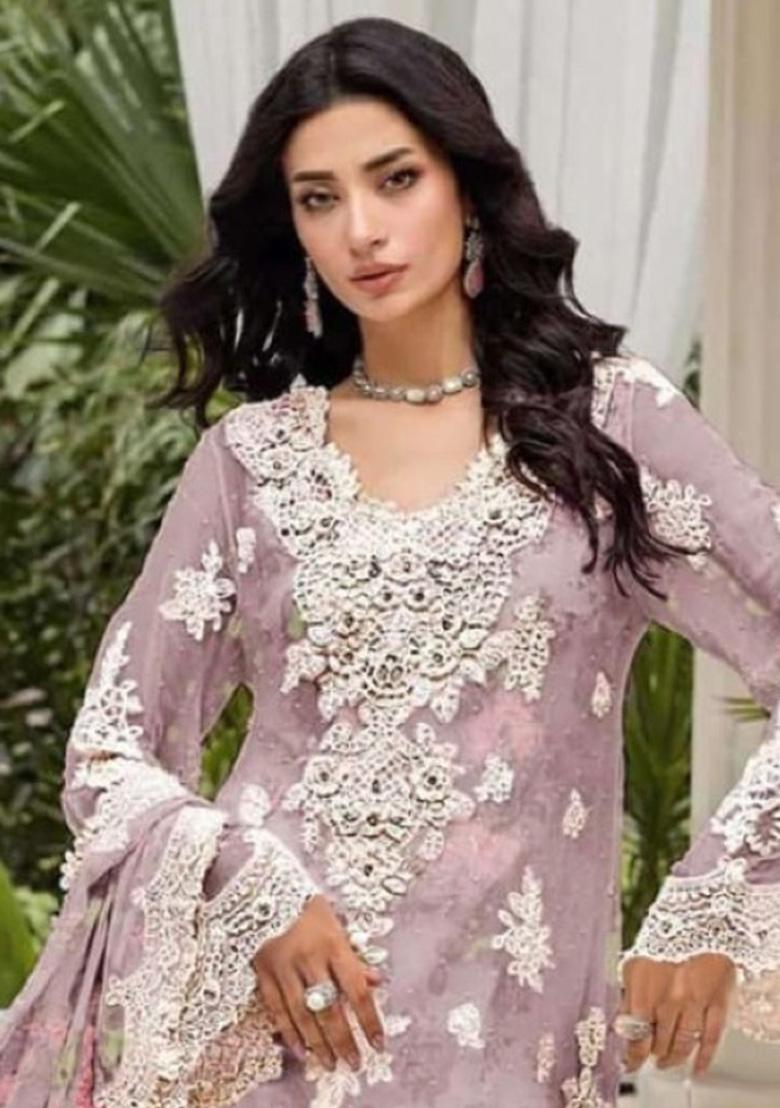 Lavender Embroidery Chiffon Salwar Suit Set - Indya