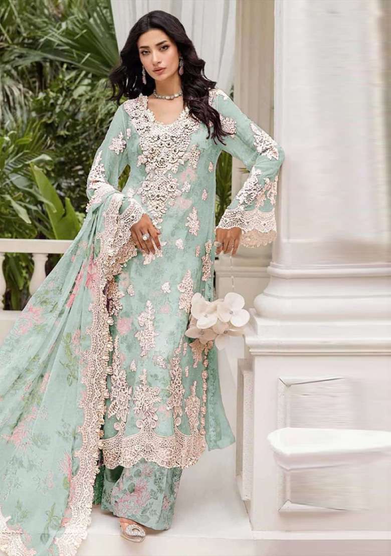 Sky Blue Embroidery Chiffon Salwar Suit Set - Indya
