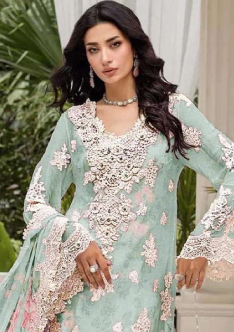 Sky Blue Embroidery Chiffon Salwar Suit Set - Indya