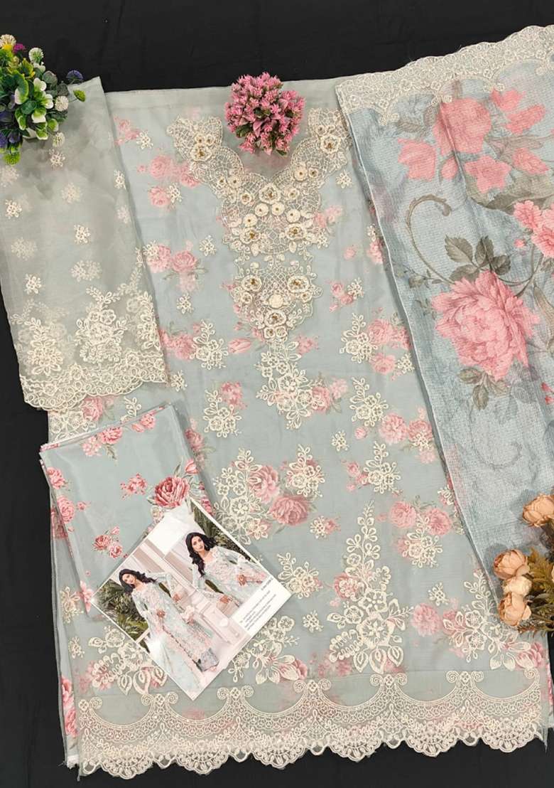 Sky Blue Embroidery Chiffon Salwar Suit Set - Indya