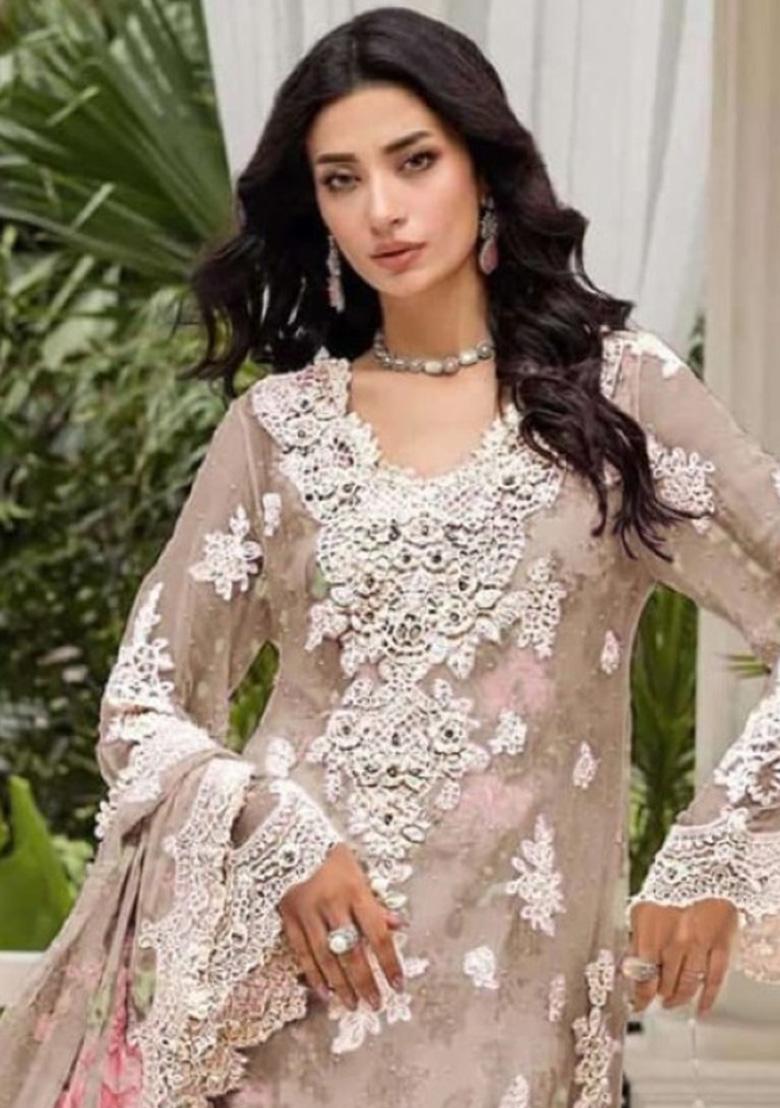 Beige Embroidery Chiffon Salwar Suit Set - Indya