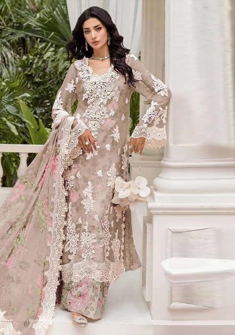 Beige Embroidery Chiffon Salwar Suit Set