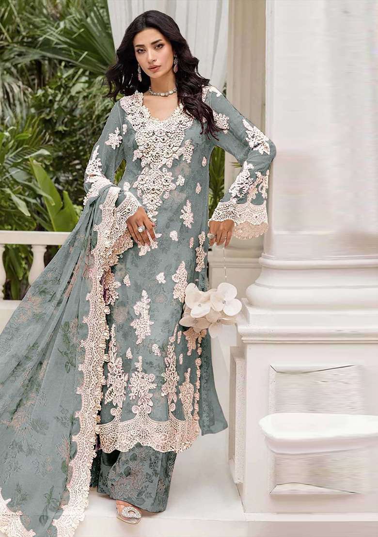 Grey Embroidery Chiffon Salwar Suit Set - Indya