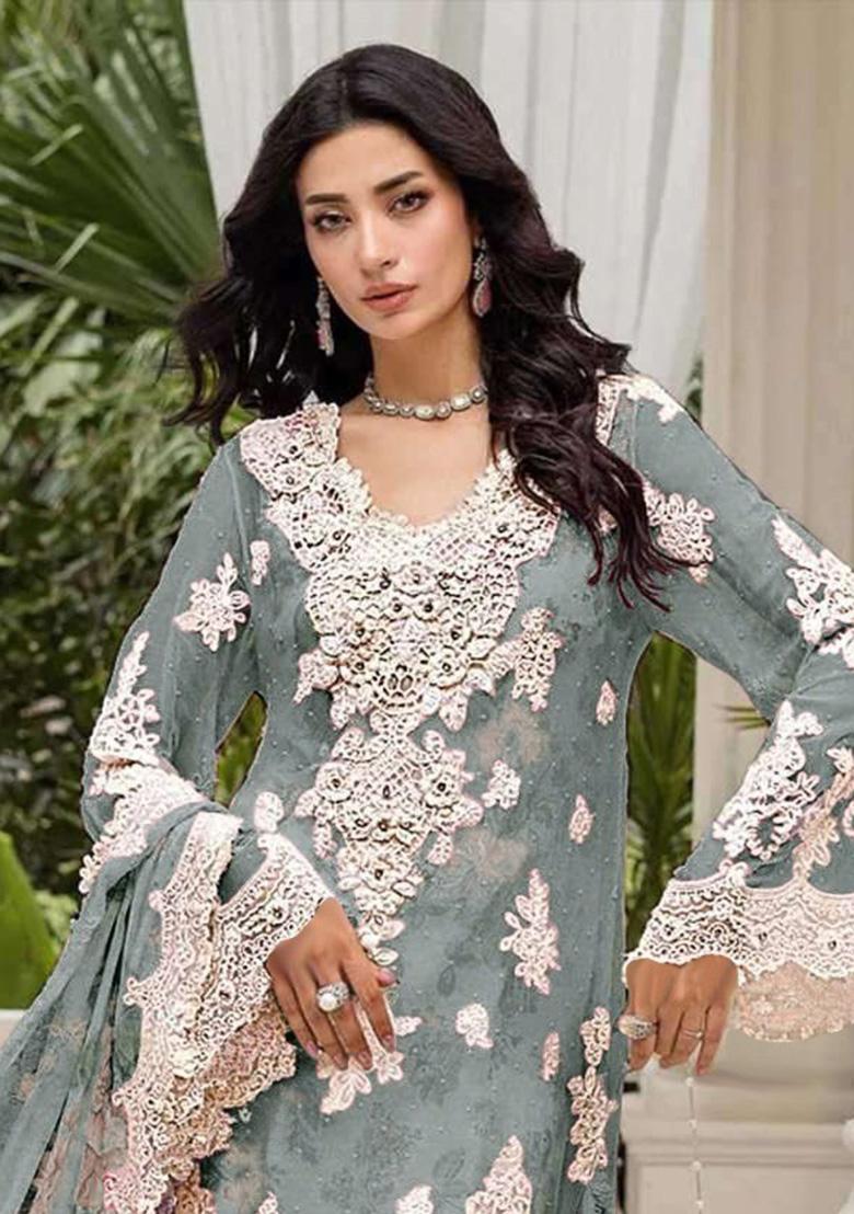 Grey Embroidery Chiffon Salwar Suit Set - Indya