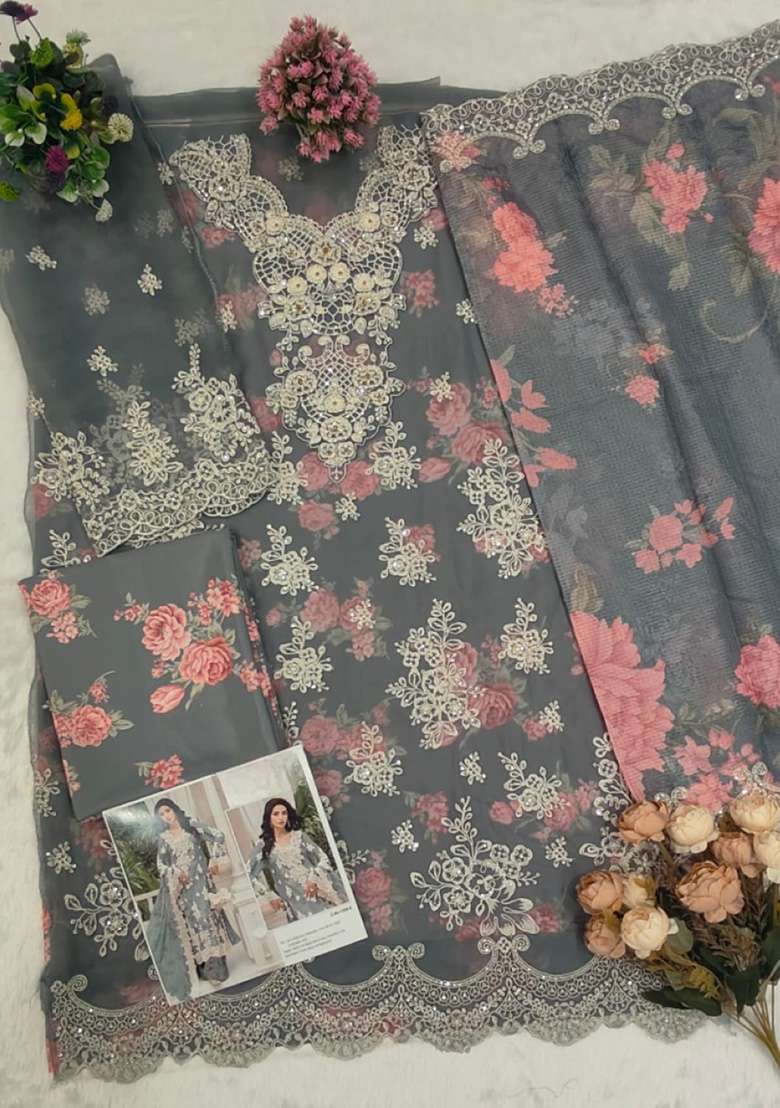 Grey Embroidery Chiffon Salwar Suit Set - Indya