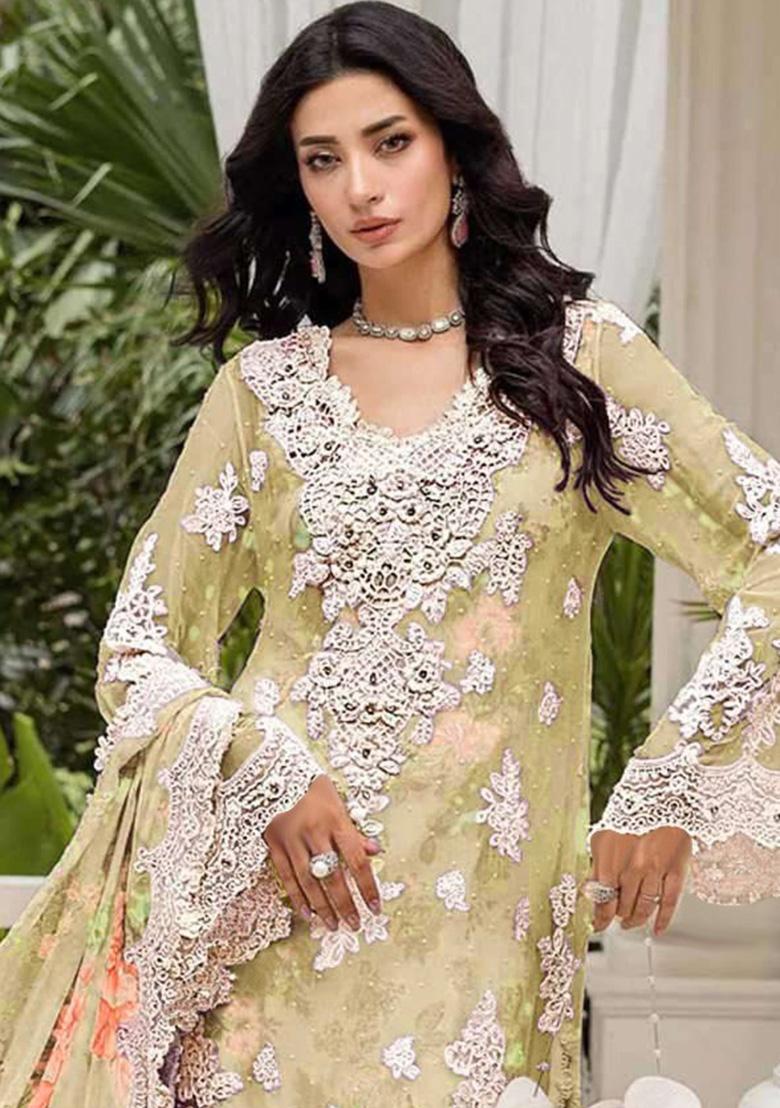 Yellow Embroidery Chiffon Salwar Suit Set - Indya