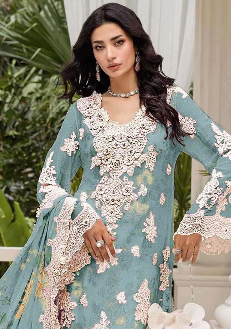 Blue Embroidery Chiffon Salwar Suit Set - Indya