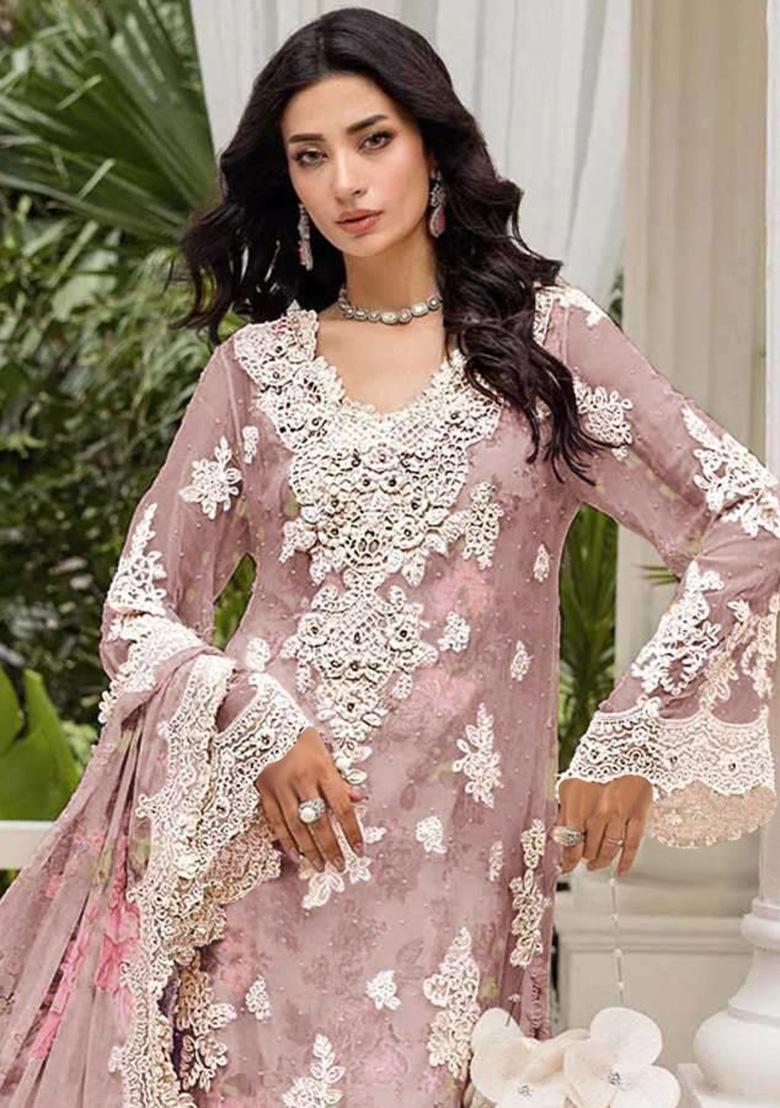 Peach Embroidery Chiffon Salwar Suit Set - Indya
