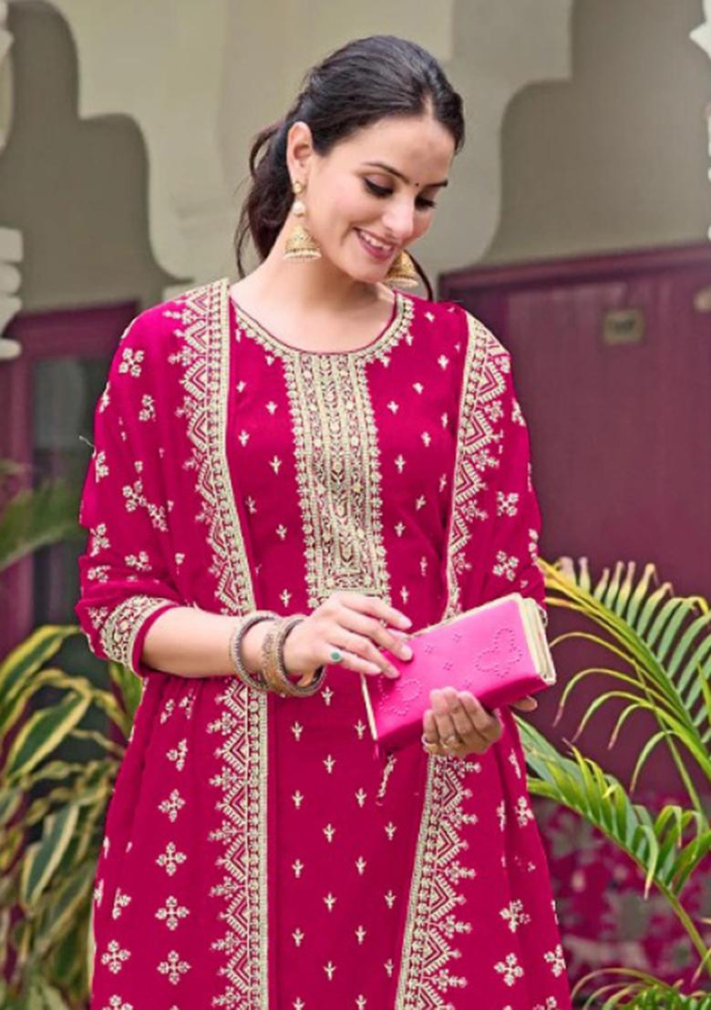 Red Embroidery Georgette Salwar Suit Set - Indya