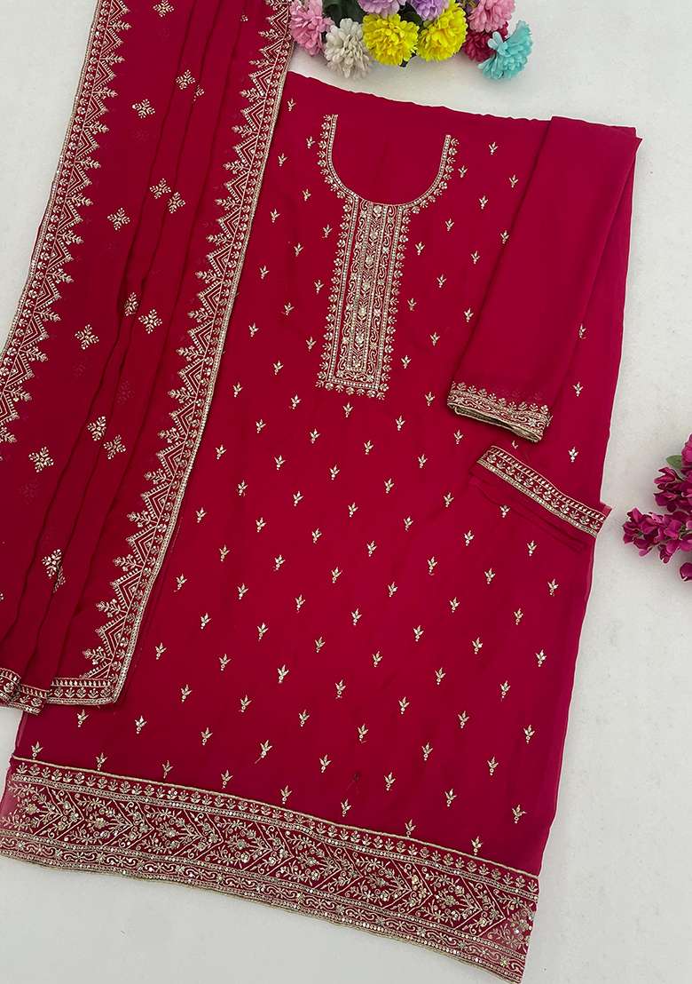 Red Embroidery Georgette Salwar Suit Set - Indya