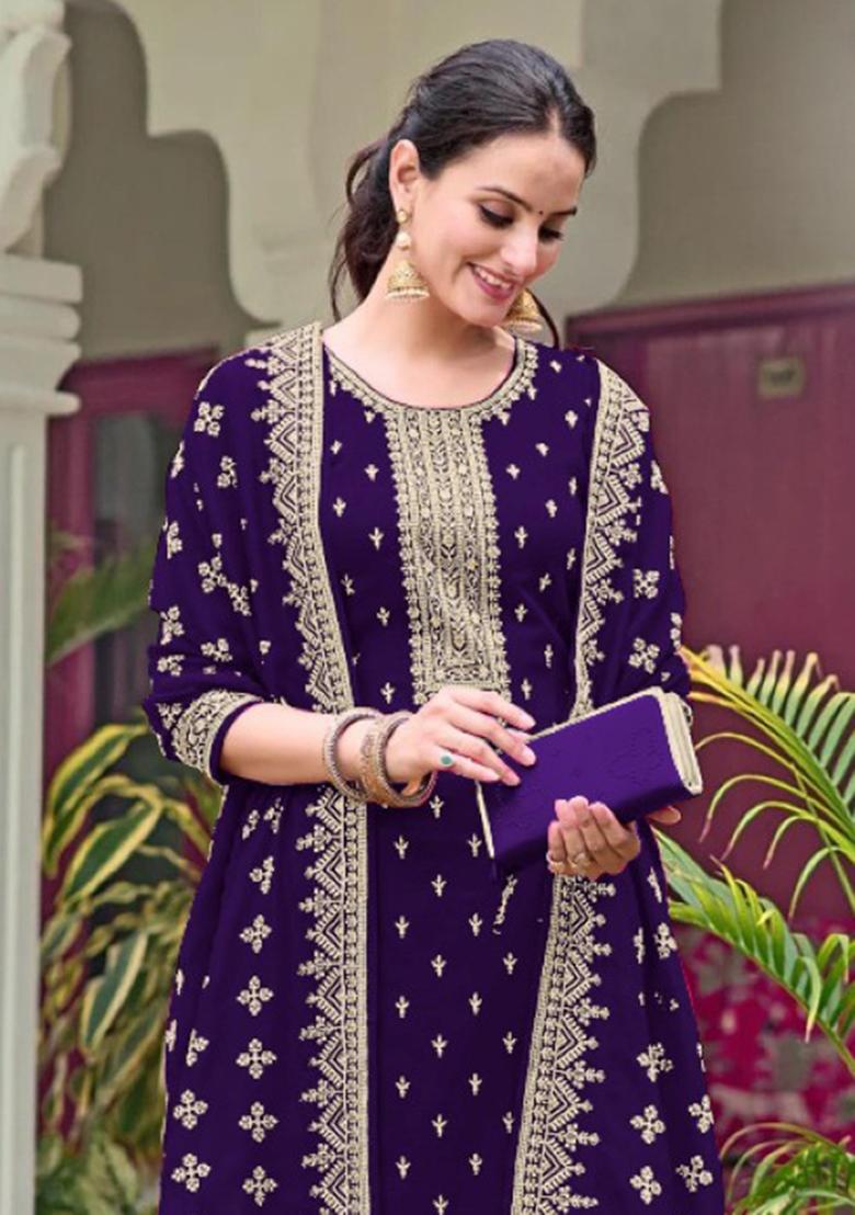 Violet Embroidery Georgette Salwar Suit Set - Indya