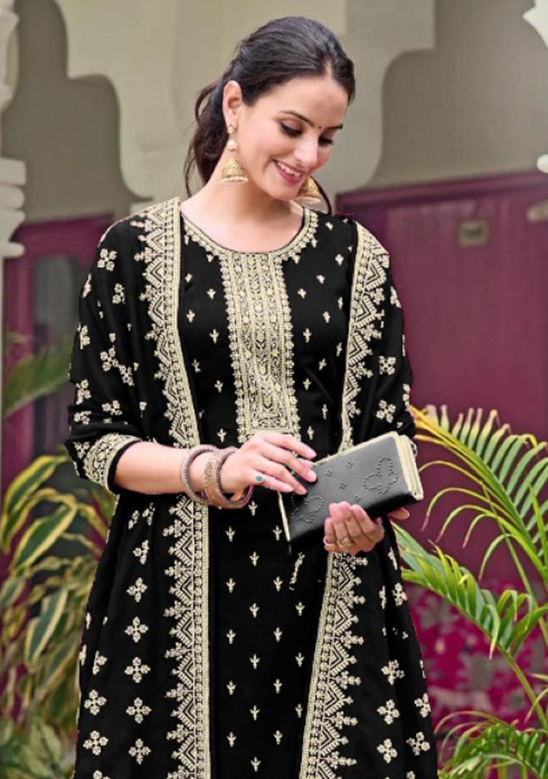 Black Embroidery Georgette Salwar Suit Set - Indya