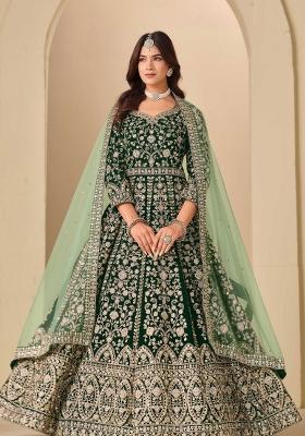 Green Embroidery Velvet Kurta Set