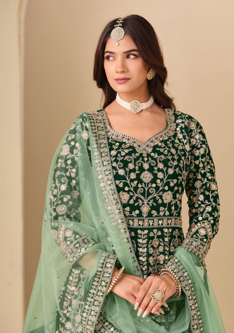 Green Embroidery Velvet Kurta Set - Indya
