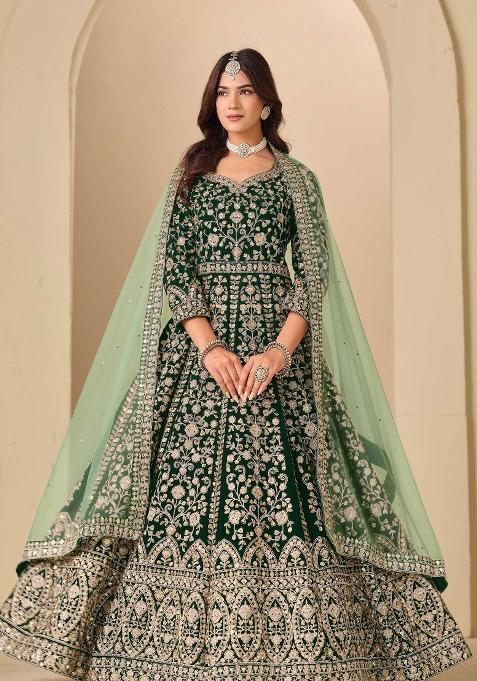 Green Embroidery Velvet Kurta Set
