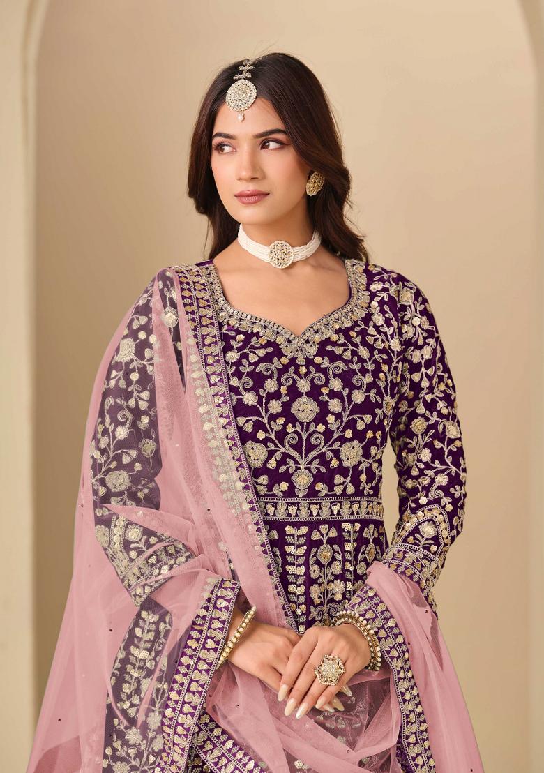 Wine Embroidery Velvet Kurta Set - Indya