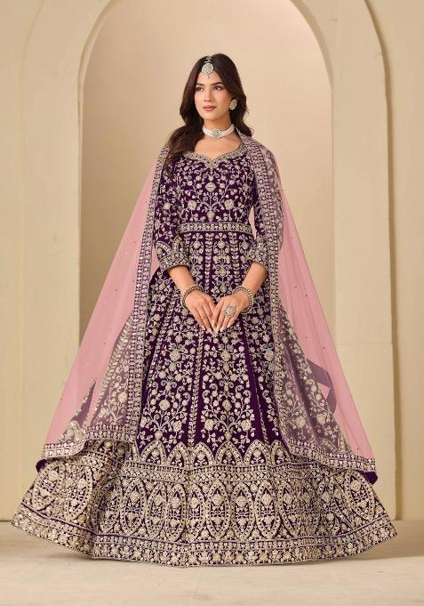 Wine Embroidery Velvet Kurta Set