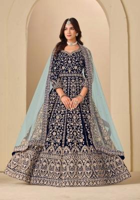 Navy Blue Embroidery Velvet Kurta Set