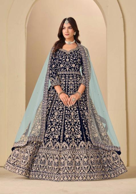 Navy Blue Embroidery Velvet Kurta Set
