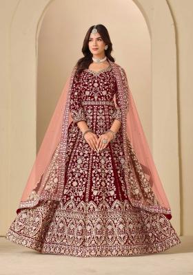 Maroon Embroidery Velvet Kurta Set