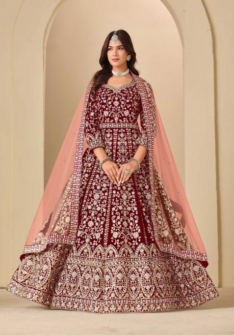 Maroon Embroidery Velvet Kurta Set