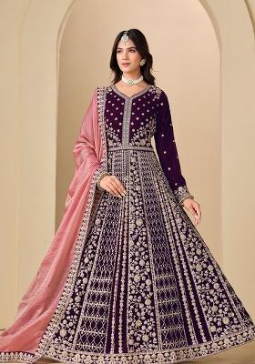 Wine Embroidery Velvet Kurta Set