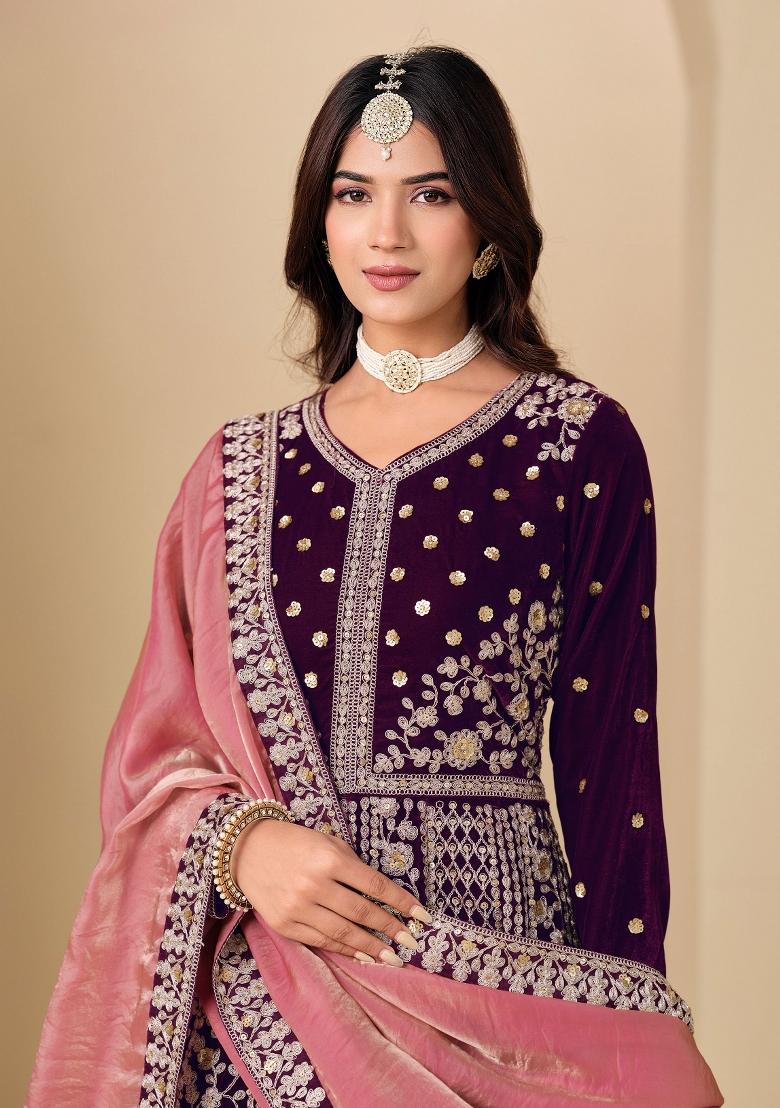 Wine Embroidery Velvet Kurta Set - Indya