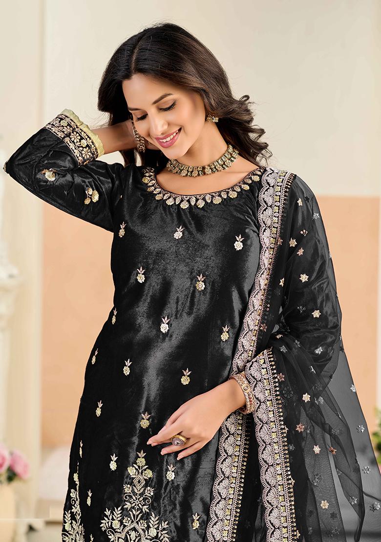 Black Embroidery Velvet Kurta Set - Indya