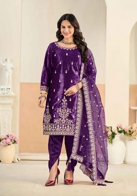Purple Embroidery Velvet Kurta Set