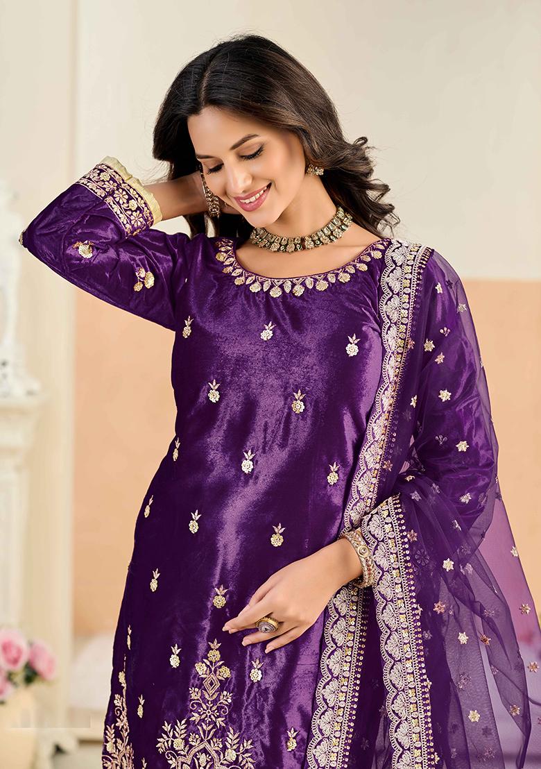 Purple Embroidery Velvet Kurta Set - Indya