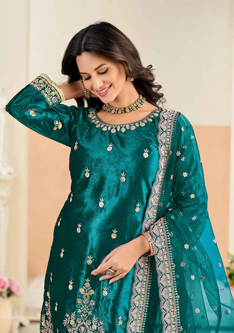 Turquoise Blue Embroidery Velvet Kurta Set - Indya