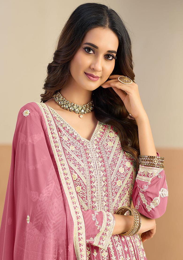 Pastel Pink Embroidery Georgette Kurta Set - Indya