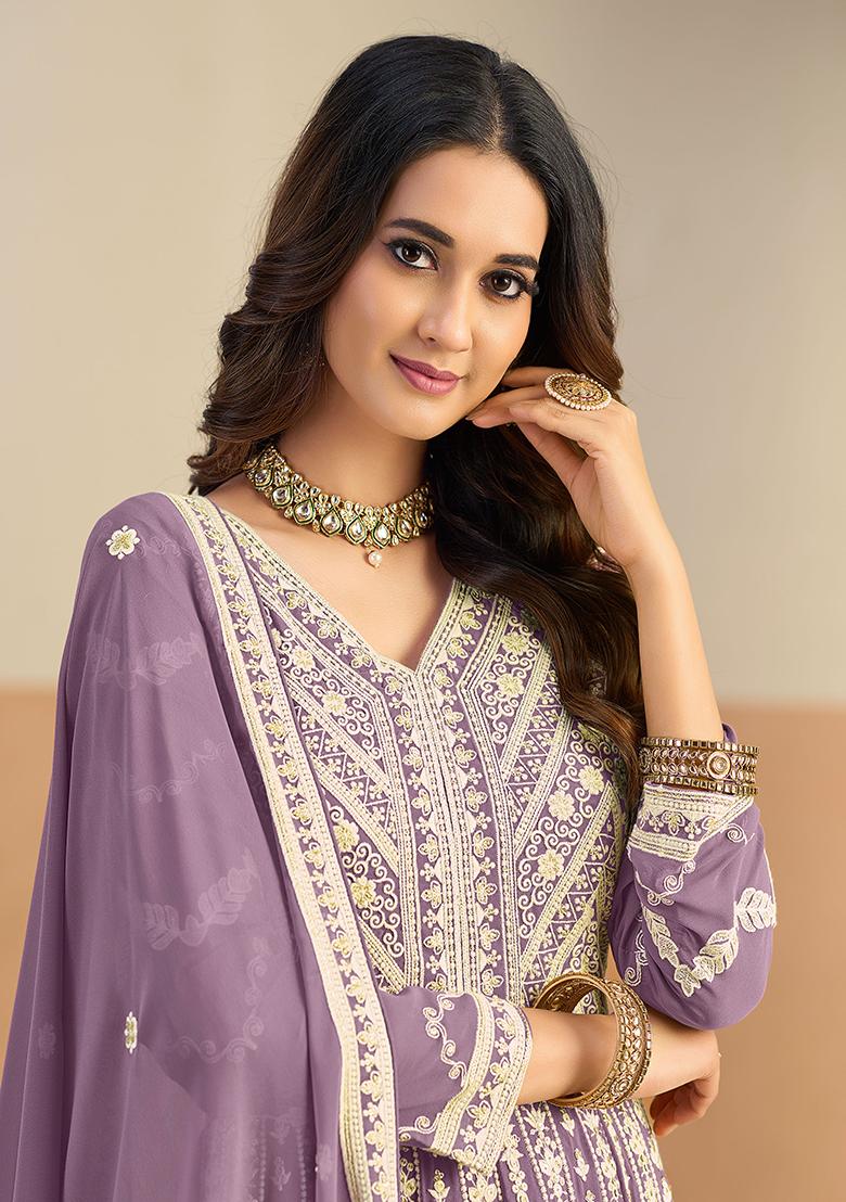 Pastel Purple Embroidery Georgette Kurta Set - Indya