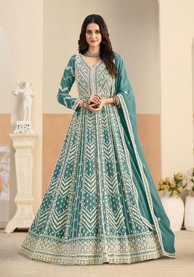 Pastel Teal Embroidery Georgette Kurta Set