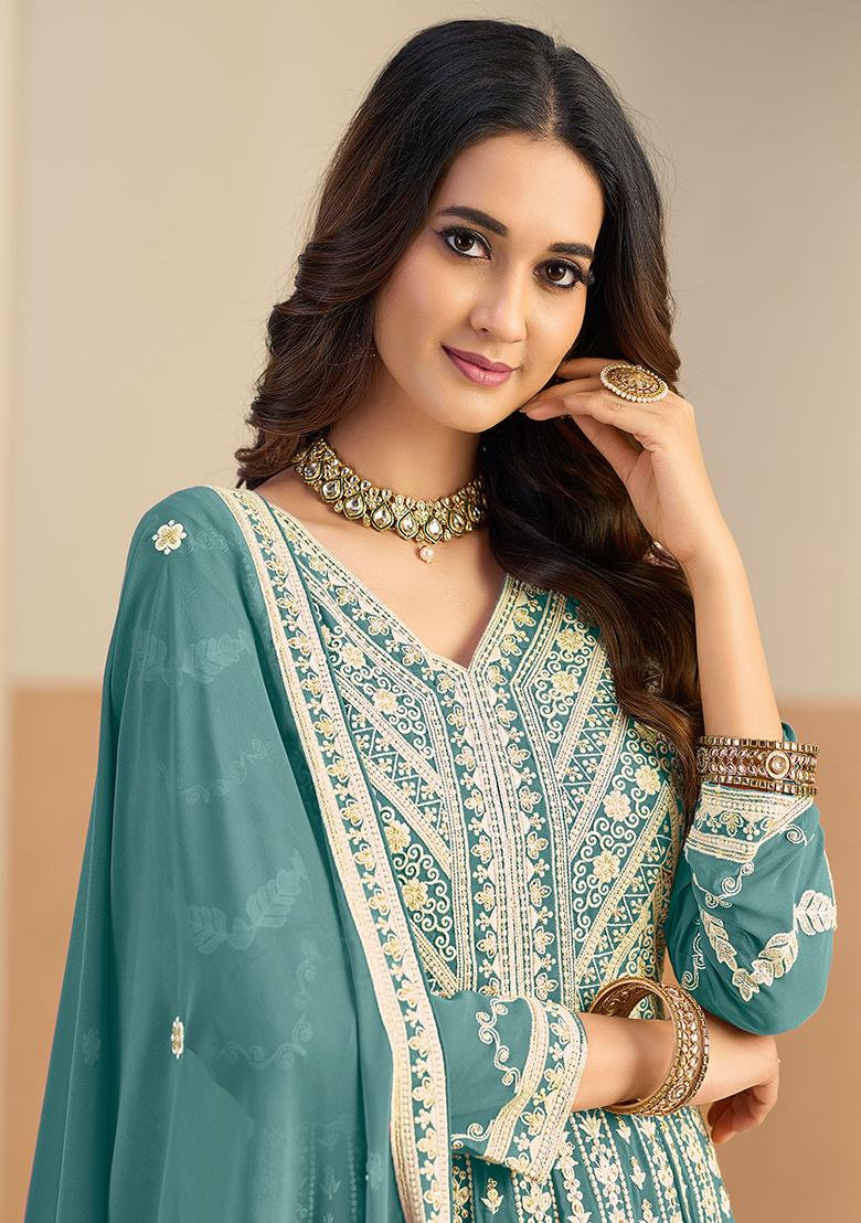 Pastel Teal Embroidery Georgette Kurta Set - Indya