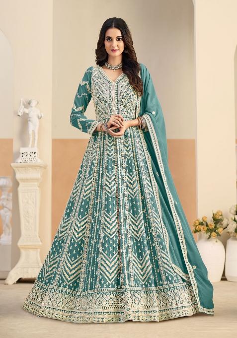 Pastel Teal Embroidery Georgette Kurta Set
