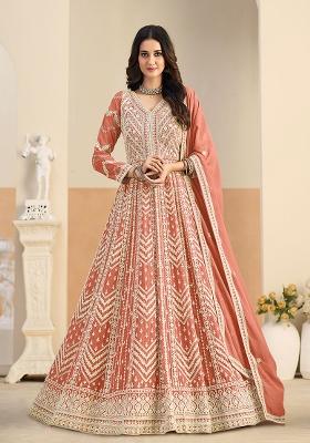 Rust Embroidery Georgette Kurta Set