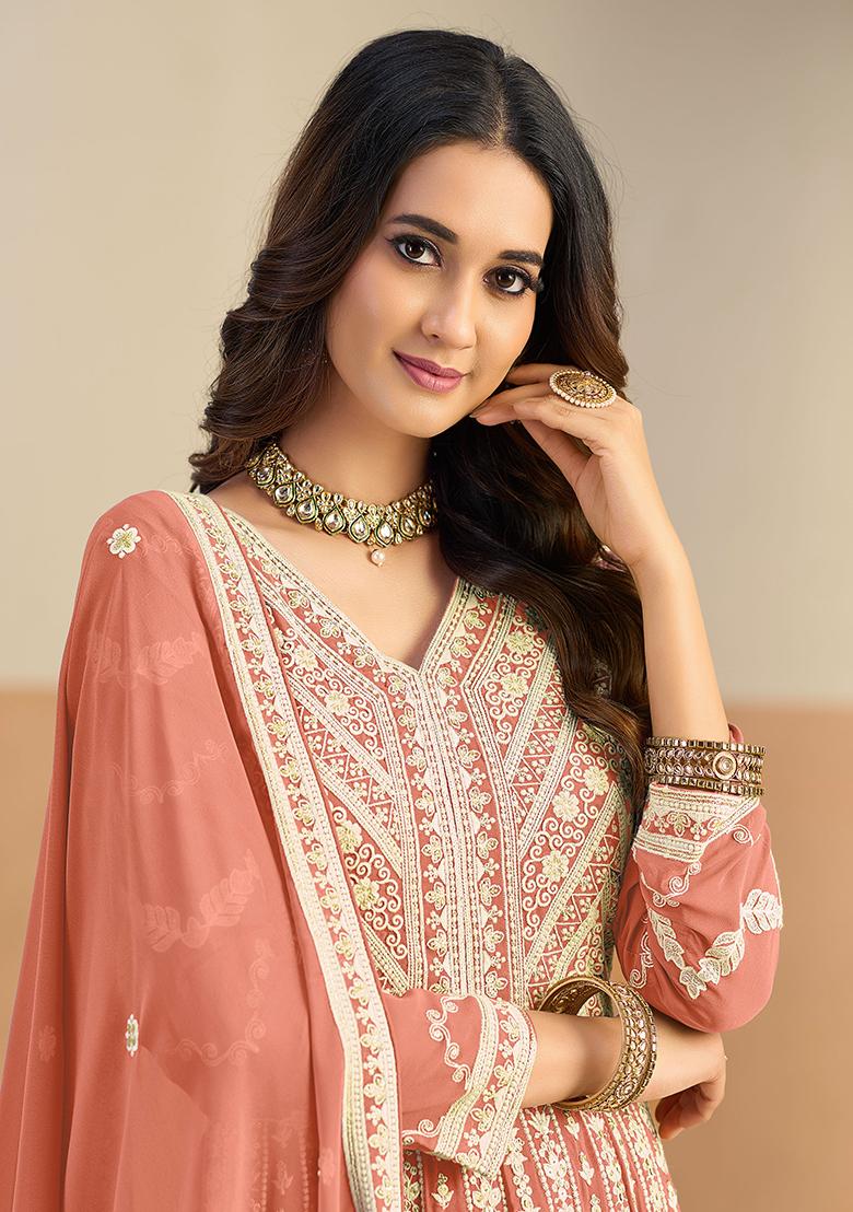 Rust Embroidery Georgette Kurta Set - Indya