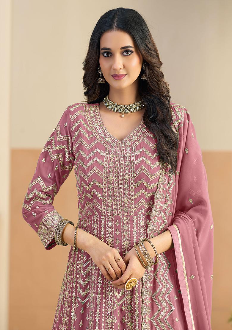 Pastel Pink Embroidery Georgette Kurta Set - Indya