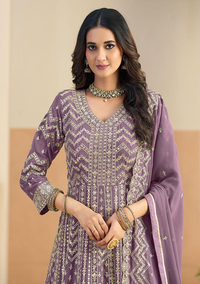 Pastel Purple Embroidery Georgette Kurta Set - Indya