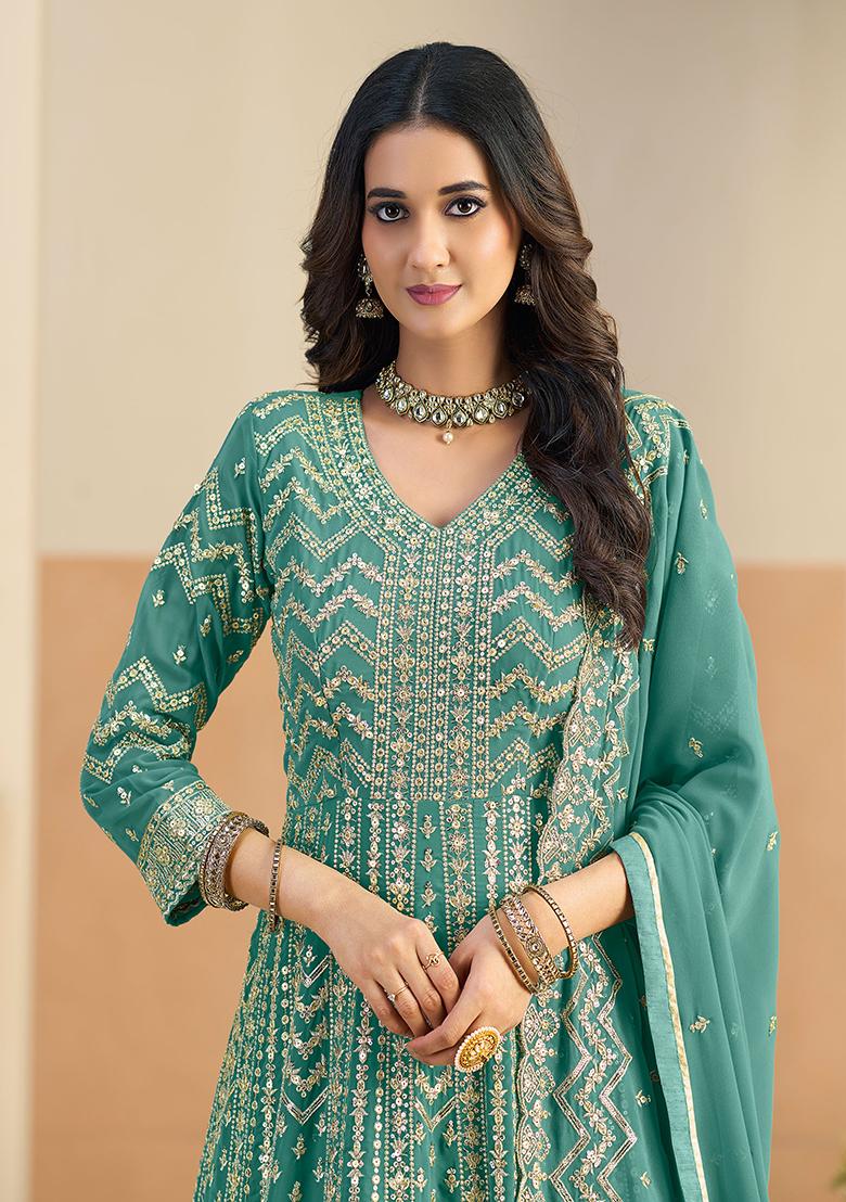 Pastel Teal Embroidery Georgette Kurta Set - Indya